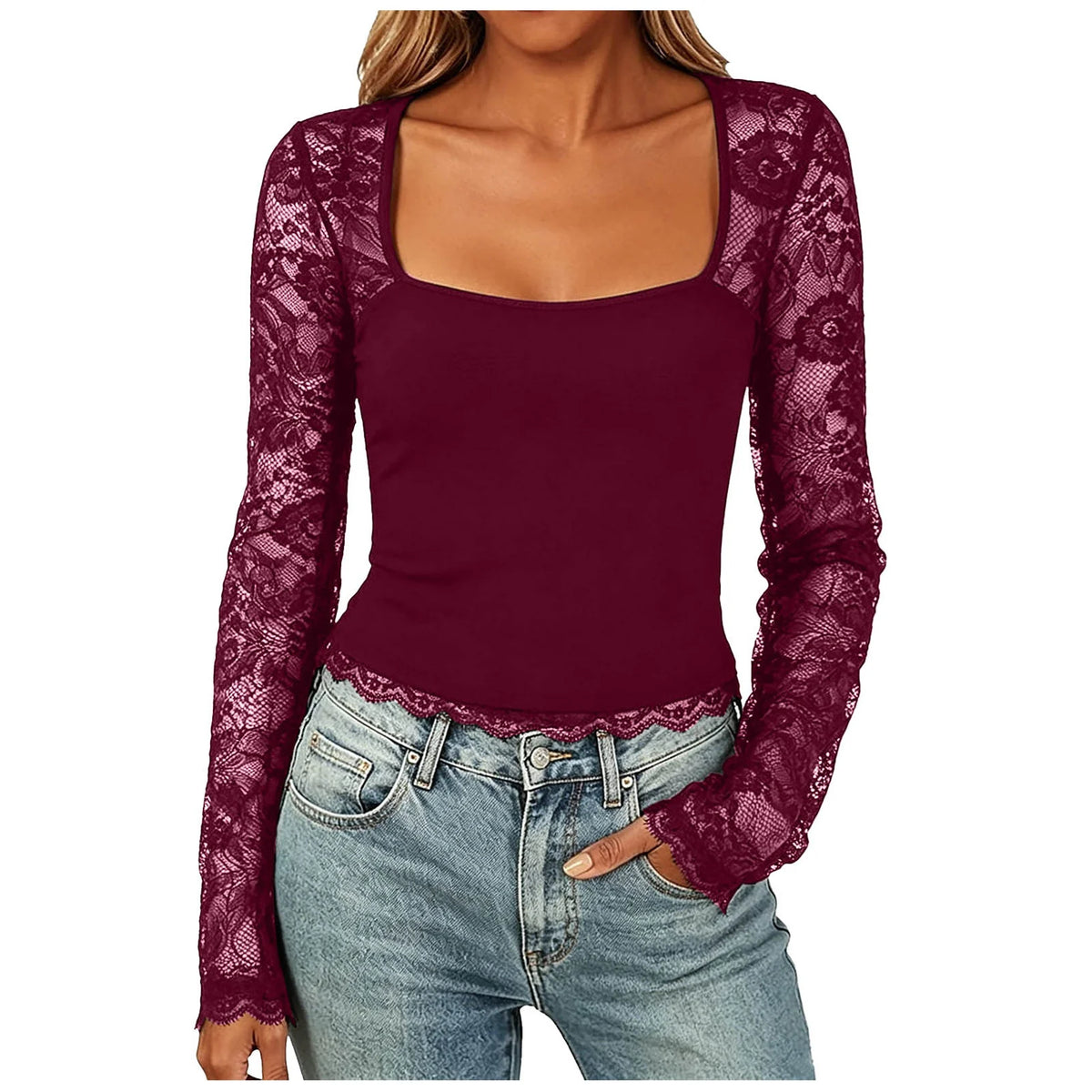 Women'S Sexy Lace Patchwork Square Collar Long Sleeve T-Shirt Elegant Sheer Mesh Slim Fit Cropped Top Spring/Fall 2026 Basic Top