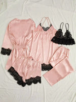 Women's Satin Sleepwear Pajama Set Pink Sexy Lingerie Bath Robe Lace Patchwork Silk Night Dress Trousers Home Clothed Nightwear