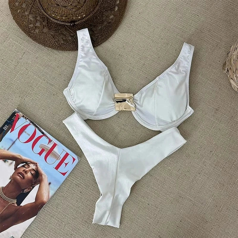 Sexy Black White Bikini Set 2026 Women Metal Ornament Push Up Underwire Bra Thong Swimsuit Beach Holiday Bathing Suit Swimwear