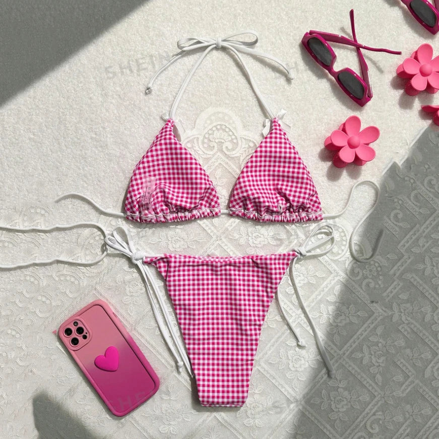 Red Plaid String Halter thong Micro Bikini for Women Mini Swimwear Lace-up Sexy Swimsuit Bathing Suit Triangle Bikinis Sets 2026