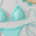 New Sexy Blue Striped String Bikinis Two Pieces Swimsuit Women Swimwear Halter Beach Wear Swim Bathing Suits Frill Bikini Set