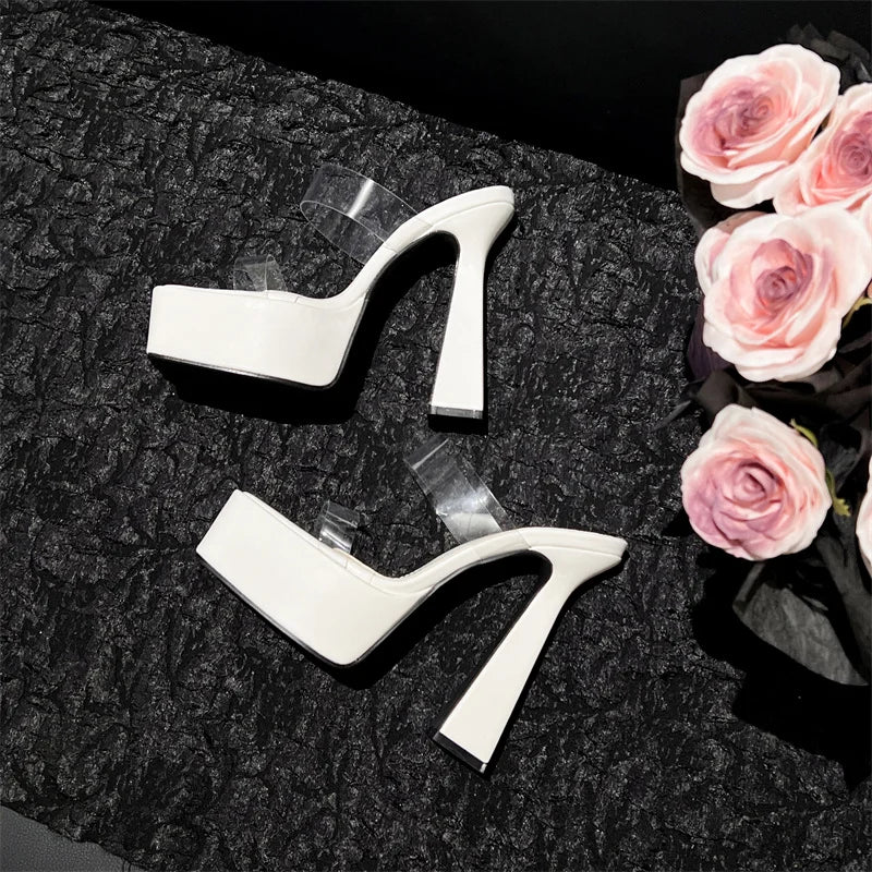Black White Chunky Platform Slippers Women Street Sexy Square Toe Super High Heels Transparent Shoes Sandals Zapatos Mujer