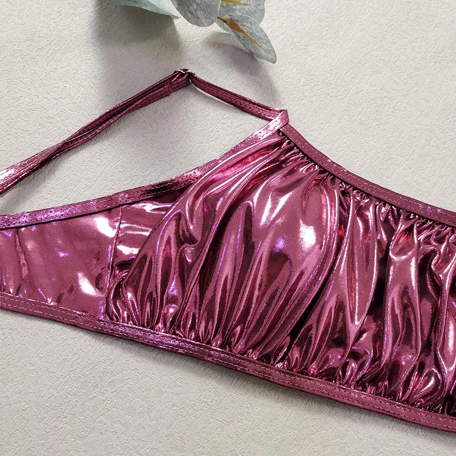 Shiny Pink Micro Thong 3 Piece Bikini Set Damen Women 2026 Sexy Swimsuit with Skirt Cover Up Bandeau Swimwear Beachwear Bikinis