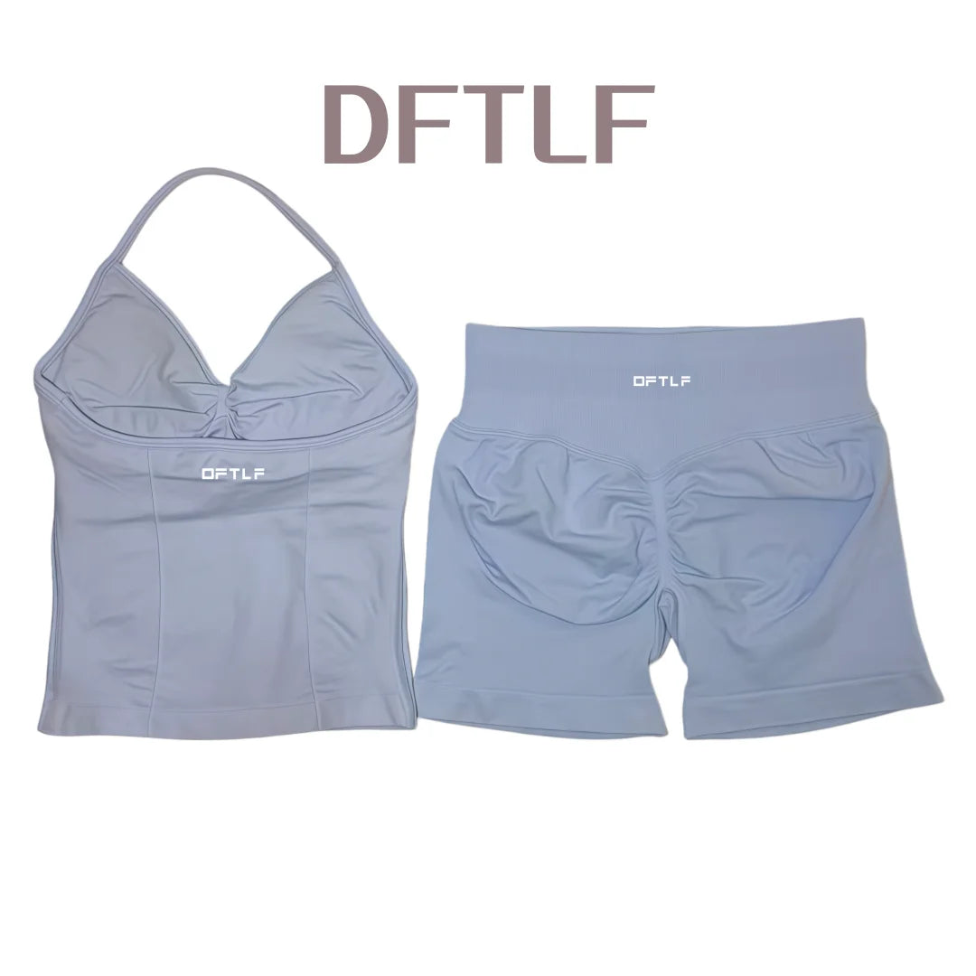 DFTLF 2 Pieces Sports Set Women Backless Tank Yoga Tops High Waist Scrunch Seamless Shorts Sport Gym Set Sportswear Workout Set