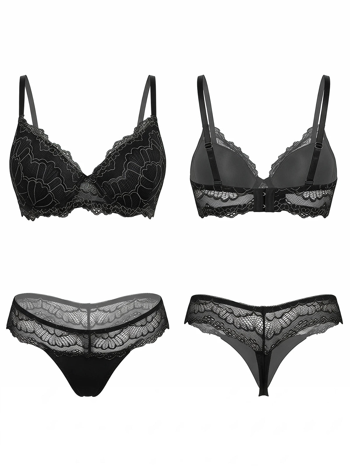 Women Black Lace Bra Set Sexy Floral 3/4 Cup Push Up Padded Lingerie Set Bralette and Panty Set B6116