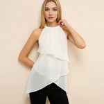 Women Summer Trendy Asymmetrical Layered Backless Shirts Solid Color Chiffon Halter Tops for Streetwear