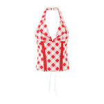 Spring And Summer New Style Sweet Red Plaid Unique Back Drawstring Top Halter Neck V-neck Sexy Slim-fit Tank Top Casual UH75
