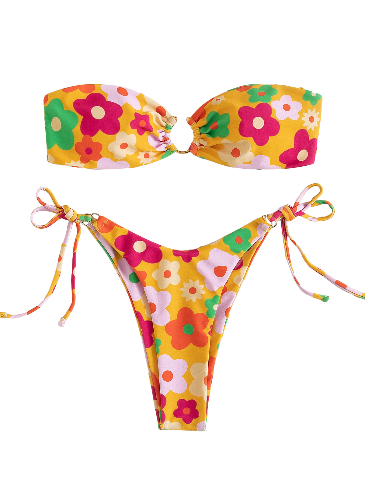 Sexy Bandeau Bikini 2025 Women Pink Floral Print Ring Circle Push Up Micro Swimsuit Off Shoulder Bathing Suit Thong Swimwear