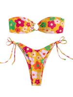 Sexy Bandeau Bikini 2025 Women Pink Floral Print Ring Circle Push Up Micro Swimsuit Off Shoulder Bathing Suit Thong Swimwear