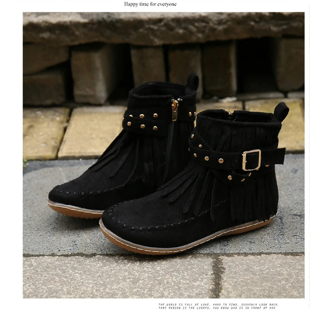 Vintage Women Boots Suede Ankle Boots Fringe Women Shoes Winter Boots Women Side Zipper Casual Shoes Ladies Snow Boot