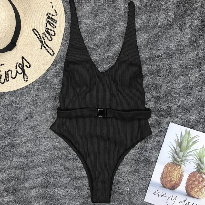 V Neck Ribbed High Leg Cut Women Swimwear One Piece Swimsuit Female Backless Monokini Bather Waist Belt Bathing Suit Swimwear