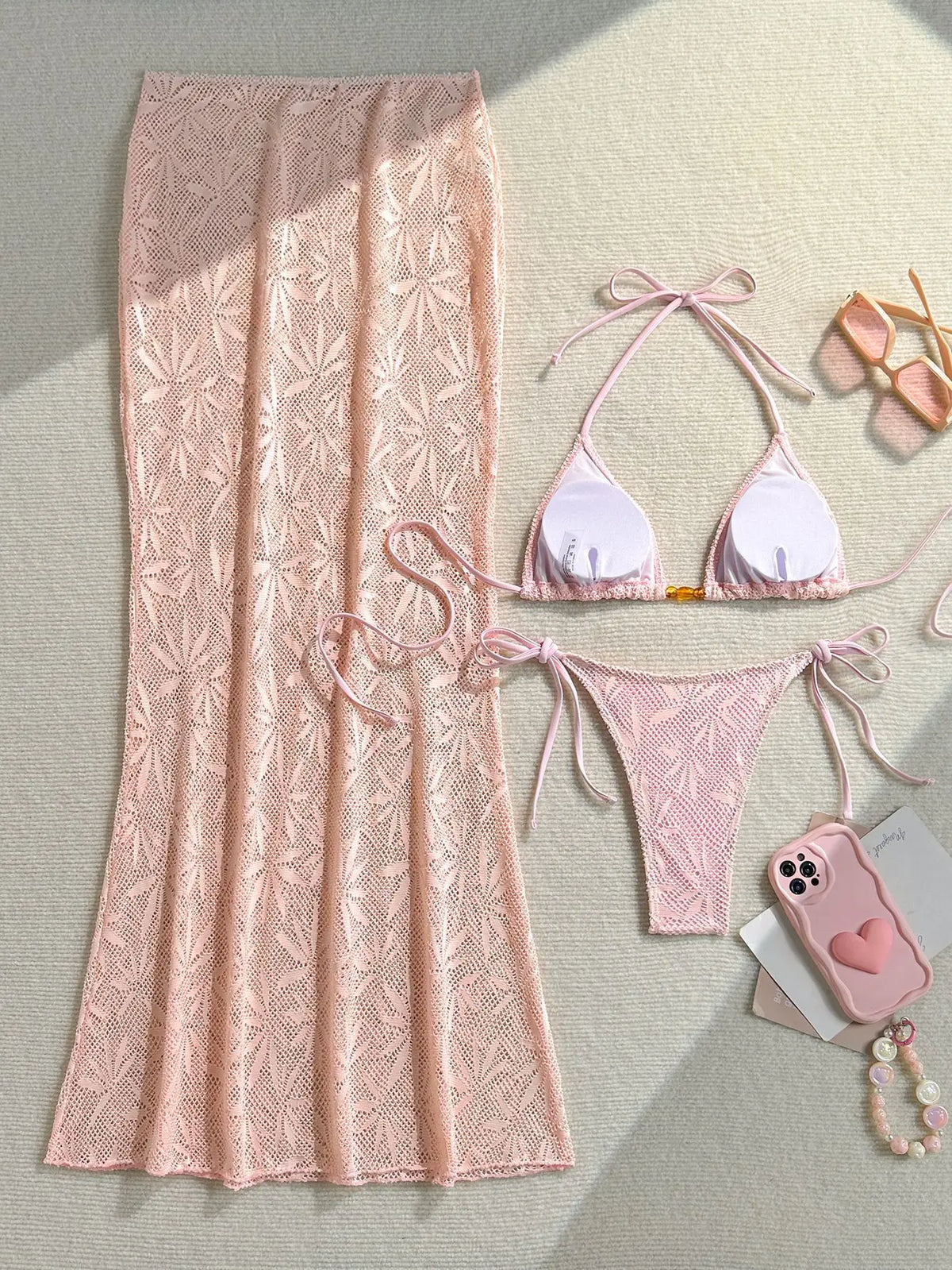 DEKA Women Vintage Beige Leaves Print Bikini Set Drawstring High Waist Mesh Pants 3 Piece Swimsuit Holiday Bathing Suit Swimwear