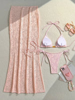 DEKA Women Vintage Beige Leaves Print Bikini Set Drawstring High Waist Mesh Pants 3 Piece Swimsuit Holiday Bathing Suit Swimwear
