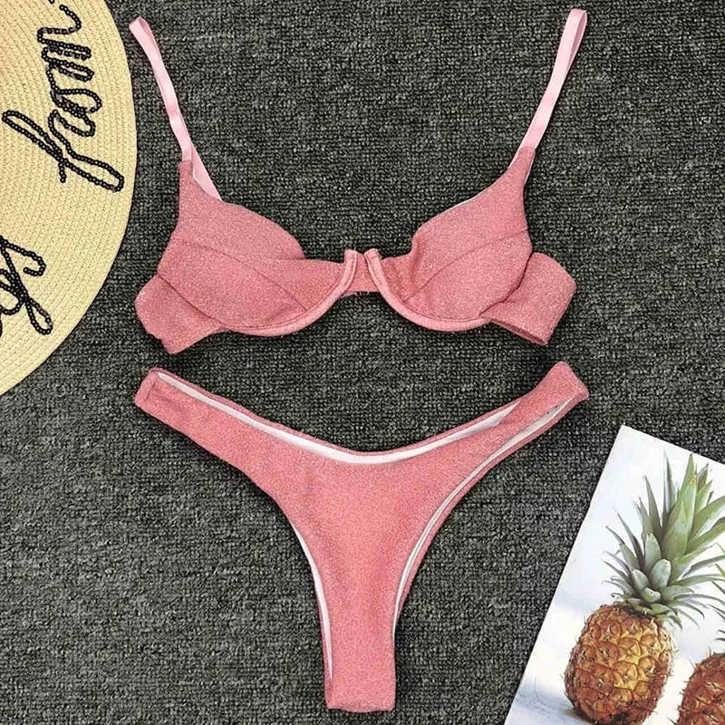 Glitter Sparkling Underwired V-Bar Bikini Women Swimsuit Female Swimwear Two-pieces Bikini Set Micro Thong Bathing Suit Swim