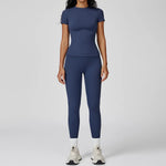 New Yoga Set Two Piece Women Short Sleeve Top with High Waist Leggings Seamless Workout Clothes Patchwork Sport Fitness Gym Sets
