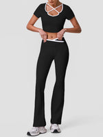 Summer Quick Drying Yoga Sets Women Black Patchwork Short Sleeve Cross Neck Sports Top High Waist Flared Pants Fitness Suits