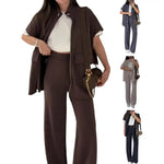 Women's Two Piece Outfit Casual Full Zip-up Short Sleeve Shirt And Wide Leg Pants Set Office Casual Lounge Tracksuit