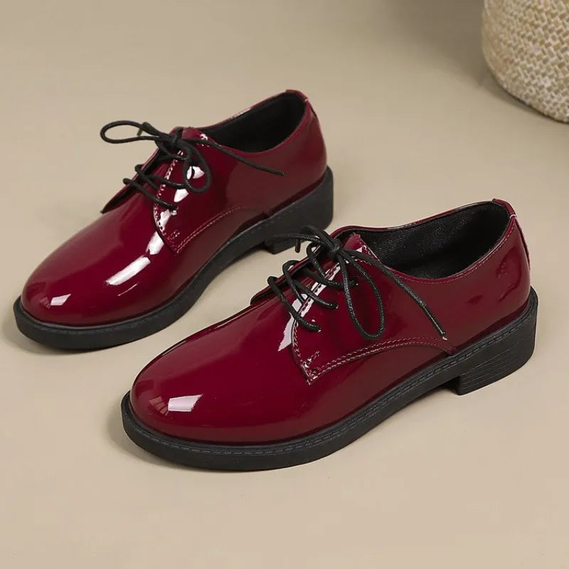 British Style Versatile Lace-Up Patent Leather Women's Single Shoes round Toe Flat Heel Summer Pure Color Adult Footwear