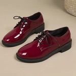 British Style Versatile Lace-Up Patent Leather Women's Single Shoes round Toe Flat Heel Summer Pure Color Adult Footwear