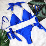 Luxury Rhinestones Bikin 2026 New Women Solid Red Blue Bandage Cross Diamond Thong Swinsuit Beach Bathing Suit Swimwear Biquini