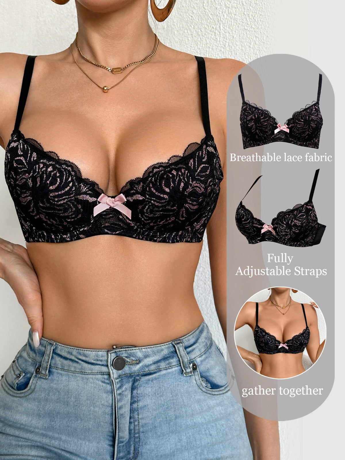 Floral Lace Push Up Women Bra Sexy Deep V Breathable Mesh Everyday Lingerie Thin Cup Adjustable Straps Underwire Bra