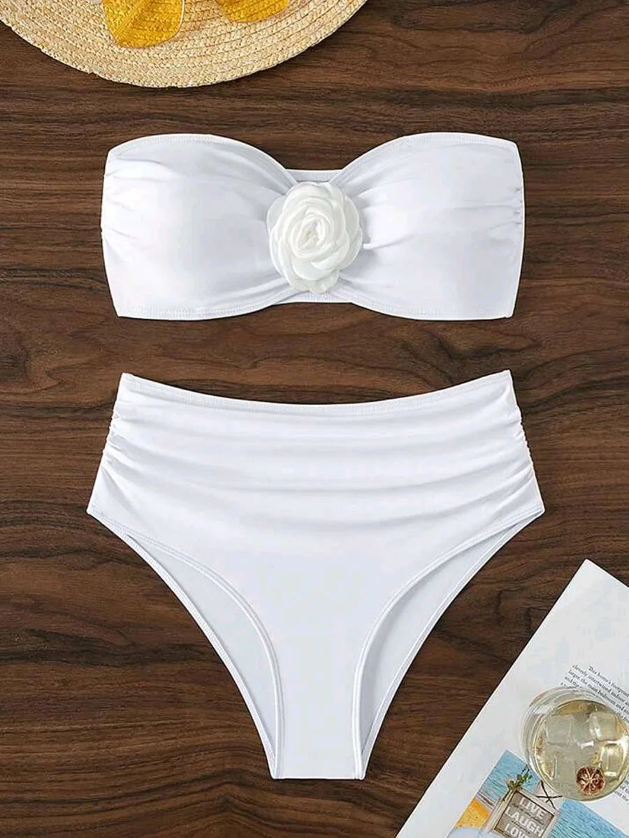 XS - XL 3D Flower Bandeau Bikinis Female Swimsuit High Waist Bikini Women Swimwear Two-pieces Bikini Set Bathing Suit Swim Lady