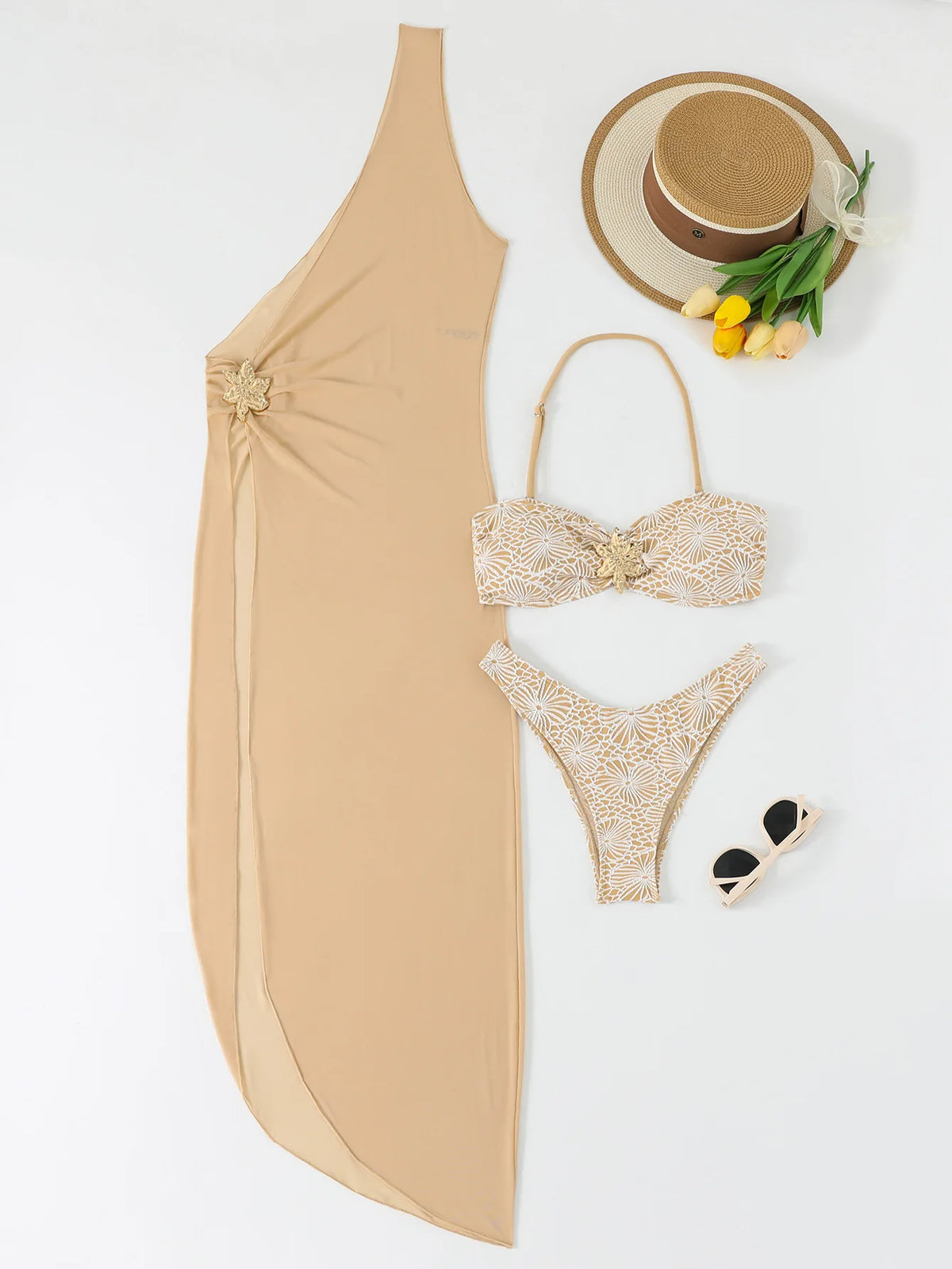 2026 Nude Three Piece Swimsuit Women Swimwear Sexy Bandeau Thong Bikini Sets Monokini Beach Bathing Suit Long Dress Vacation