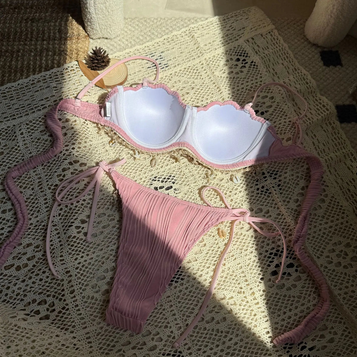 Sexy Shell Bikinis Sets Women White Ruffles Starfish Ornament Push Up Underwire Thong Swimsuit 2025 Beach Bathing Suit Swimwear