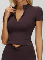 Naked Yoga T Shirts Women Stand Up Collar Zipper Tight Sports Shirts Outdoor Solid Short Sleeved Gym Running Fitness Tank Tops