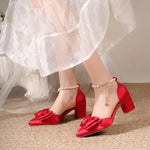 2026 New Pointed Toe Pearl French Heels Block Heel Bow Single Shoes Red Wedding Shoes