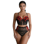 Rose Embroidered Lace Shapewear Set Longline Bustier High Waist Briefs Cutout Lingerie for Layering Bridal Boudoir Date Night