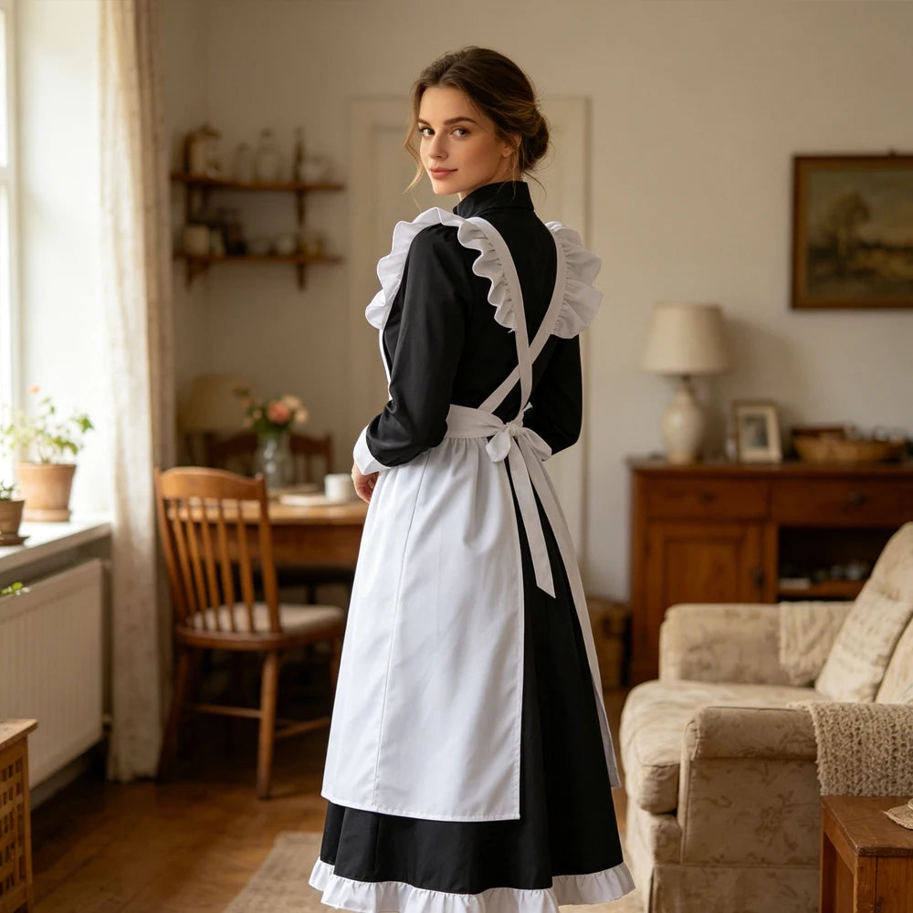Women's Black White Maid Costume Cosplay Lingeries Ruffle Apron Long Sleeve Dresses for Halloween Party Role Play French Outfit