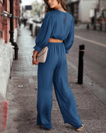 Women's 2 Piece Lounge Set Satin Outfits Fall Casual Long Puff Sleeve Crop Tops Loose Wide Long Pants