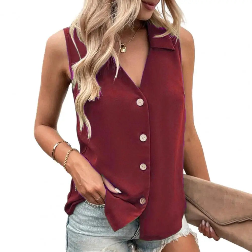 Summer T-Shirt Women Vest Casual Tank Top Oversize V-Neck Sleeveless Button Single-breasted Mid Length Women Shirts