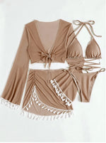 Sexy 4pcs Boho Tassels Trim Bikinis Sets Ladies Padded Bikini Set +cover Up Tops Skirts Beachwear Bathing Suit Biquini Monokini