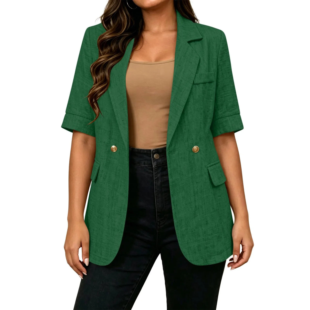 Women Textured Blazer Jacket Lapel Collar Double Breasted Half Sleeve Pocket Loose Suit Coat Elegant Office Summer Outerwear
