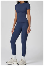 New Yoga Set Two Piece Women Short Sleeve Top with High Waist Leggings Seamless Workout Clothes Patchwork Sport Fitness Gym Sets