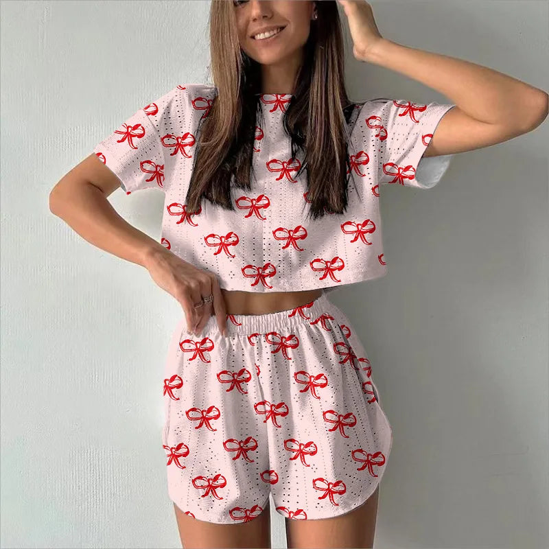 New Women's Pajama Set Women's Short Sleeve Shorts Hollow Breathable Printed Summer Sexy Fashion Two Piece Pajama Home Clothes