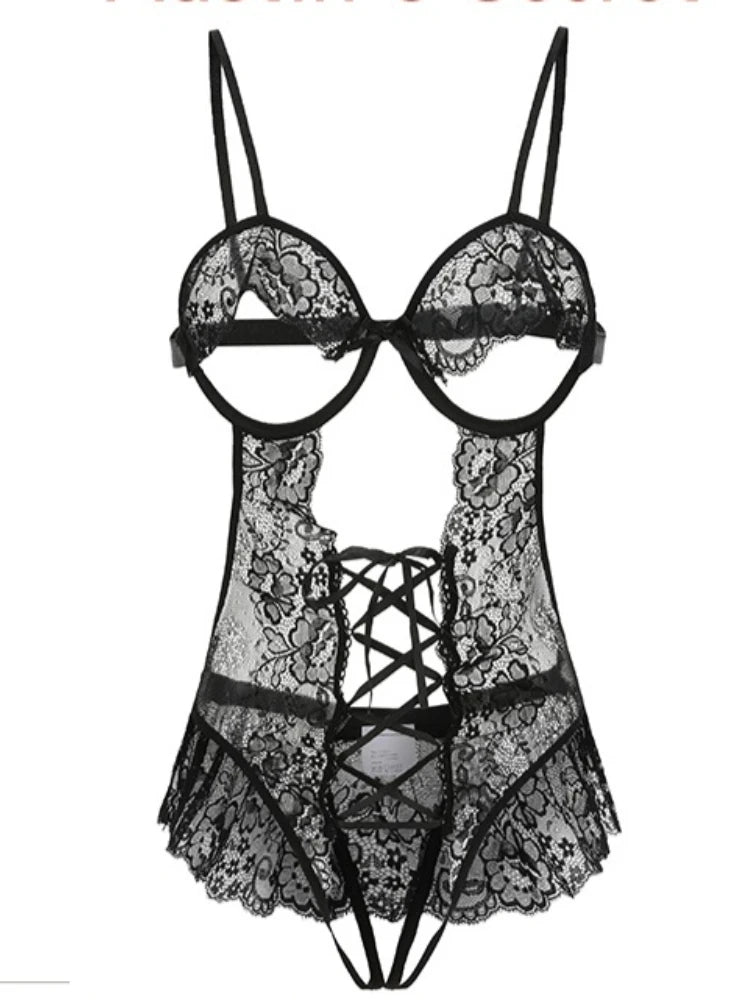 Women Sexy Faux Leather Bodysuit with Choker Chain Wrist Cuffs Hollow Out One-Piece Lingerie Erotic Nightwear for Clubing Party