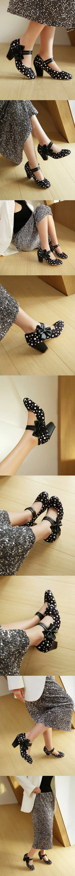 Plus Size 33-48 Sweet Polka Dot Mary Jane Heels Shoes Women Pink Blue Side Bow Tie Round Toe Chunky Block Heel Cute Lolita Pumps