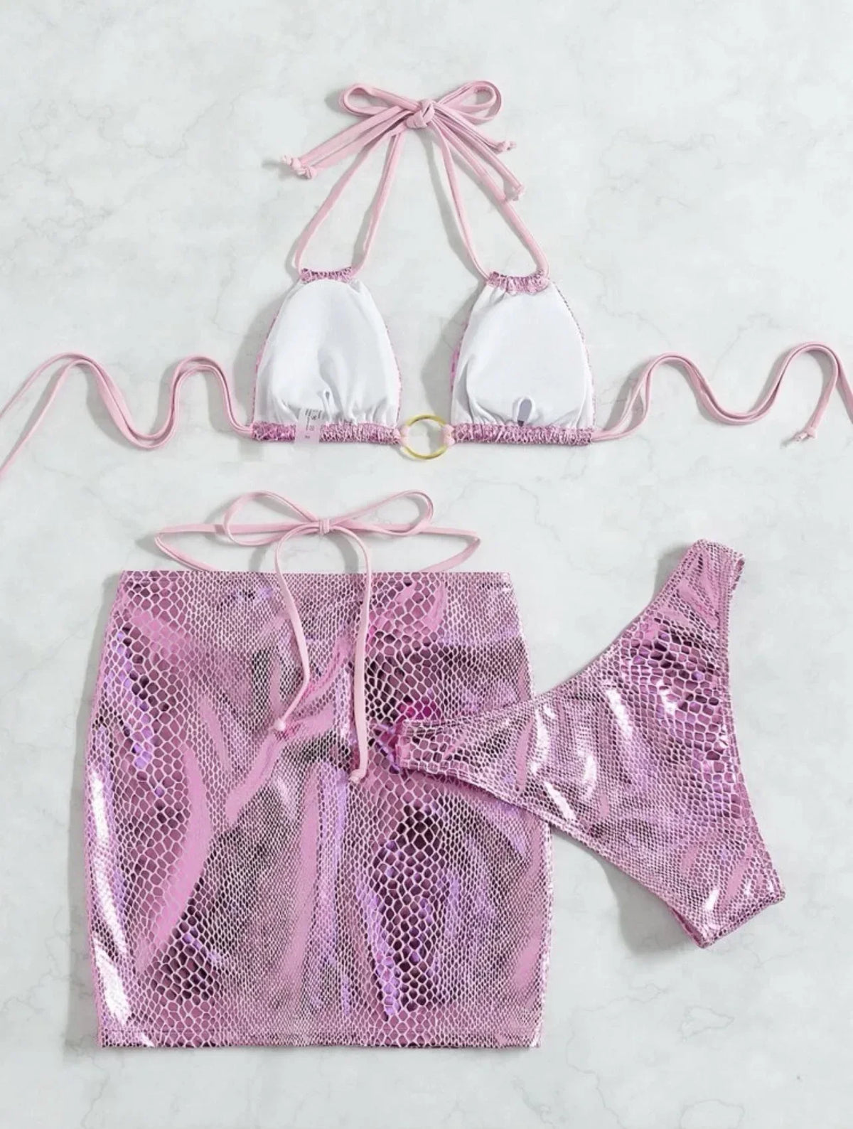 3PCS with Skirt Shiny Snake Skin Bikini Women Swimwear Female Swimsuit Three-pieces Bikini Set Halter Bathing Suit Beach Wear
