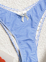 Blue Plaid Print Two Piece Swimsuit for Women Sexy Bow Suspender Backless Bikini Set High Waist Thong Beach Bathing Suit 2025