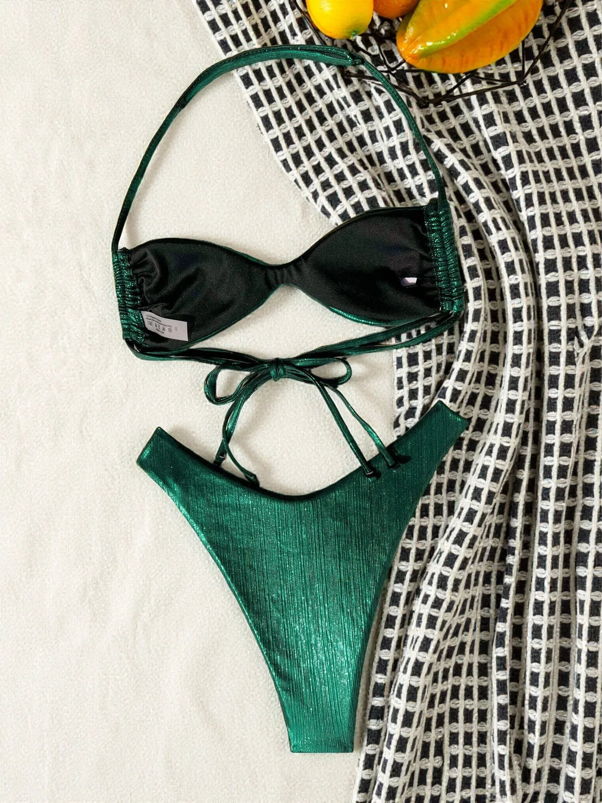 Sexy Green Bead String Halter Bikini Swimsuit Woman 2025 Metal Ring Swimwear Bathing Suit Bikinis Sets De Mujer Thong Biquinis