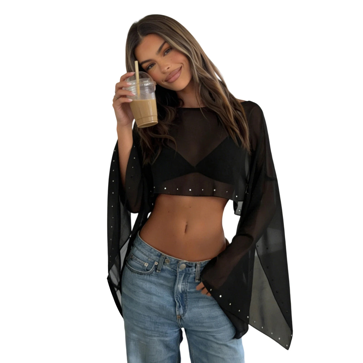 Women's Mesh Sheer Cover-ups Rhinestone Decor Long Sleeve Boat Neck Loose Fit Crop Tops See Through Sexy Beach Blouse