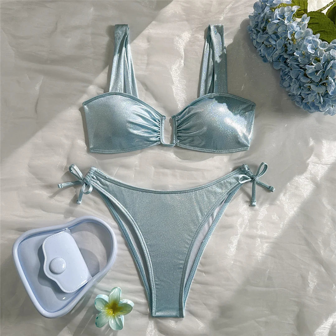 U Shaped Glitter Sparkling Shiny Bikini Female Swimsuit Two-Pieces Bikini Set Women Swimwear Brazilian Bathing Suit Bather V7564
