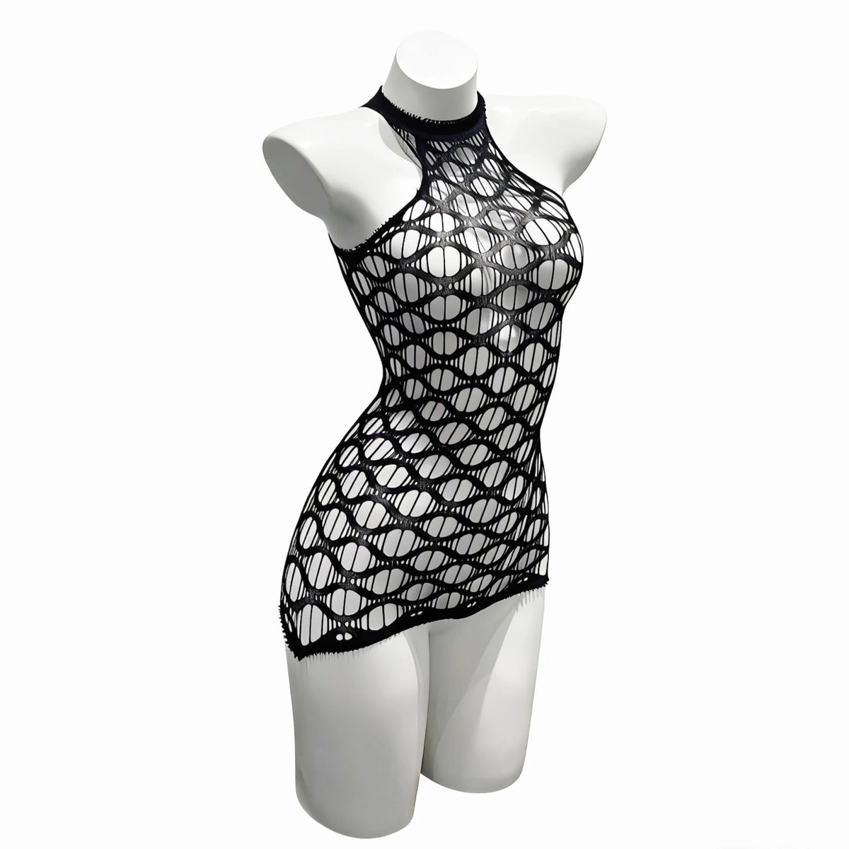 Sexy Mesh Halter Neck Hollow Out Open Crotch Dress With Exposed Chest And Sheer For Women Off-the-shoulder Mini Dress Charm RCIJ
