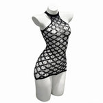 Sexy Mesh Halter Neck Hollow Out Open Crotch Dress With Exposed Chest And Sheer For Women Off-the-shoulder Mini Dress Charm RCIJ