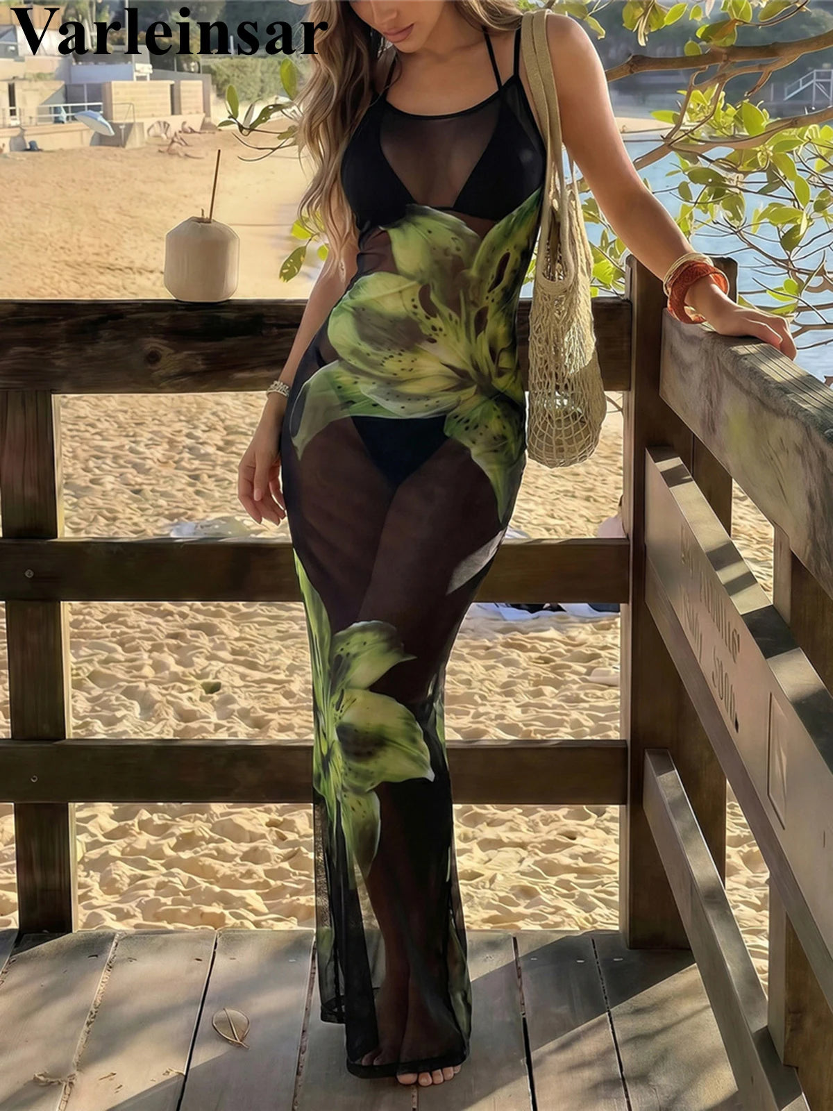 With Floral Dress Printed Halter Bikini Female Swimsuit Women Swimwear Three-pieces Bikini set Bather Bathing Suit Swim V8204