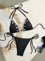 Shell Decoration Ribbed Bikini Women Swimwear Female Swimsuit Two-pieces Bikini Set Halter Strappy Bather Bathing Suit Swim Lady