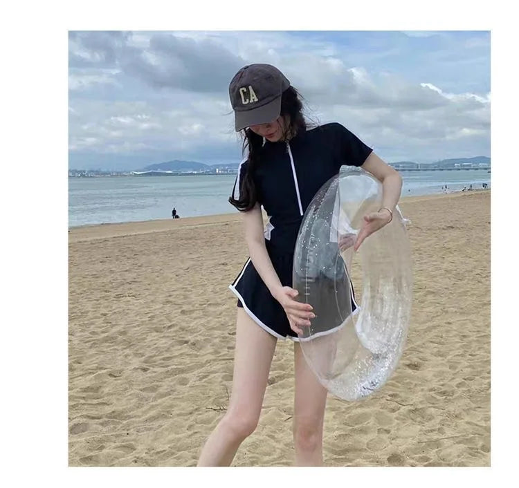New Women's Swimsuit, One-piece Coverage Slimming EffectConservative Sports Style Hot Spring Flat Leg Pants Swimsuit Plus Size